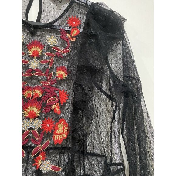 GUESS Sheer Mesh Blouse Small Black Polka Dot Embroidery Front Peplum Hem Gothic - Picture 7 of 9